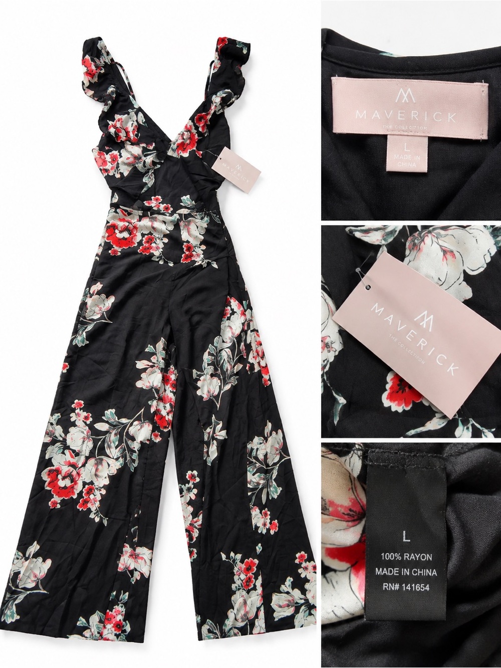Maverick Collection Black Floral Wide Leg Ruffle Sleeve Jumpsuit NWT Size Large
